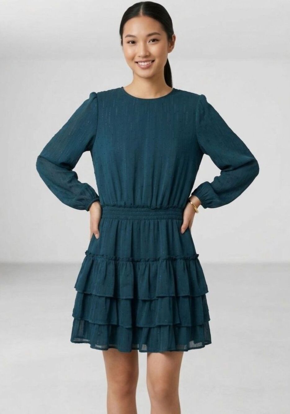 Express Deep Teal Lurex Clip Dot Tiered Ruffle Mini Dress - Size M